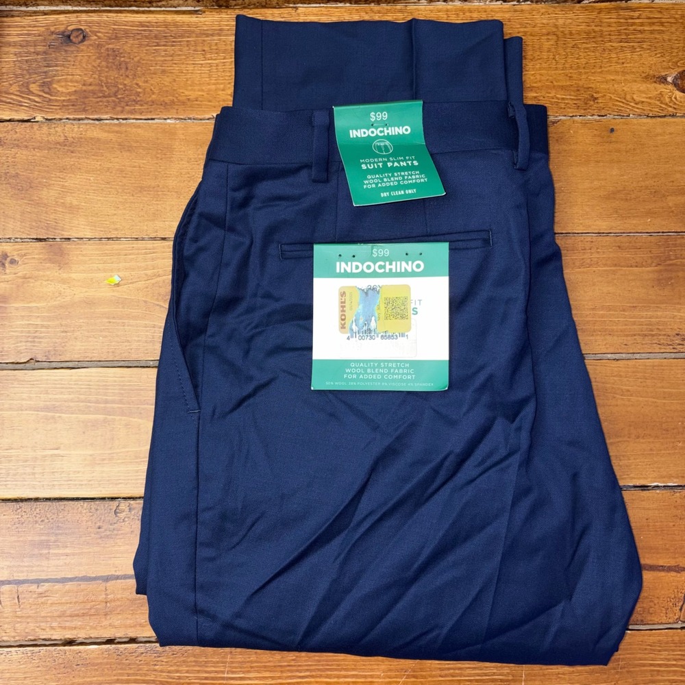 Indochino Suit Pants Men 36x32 Navy Modern Slim Fit Wool Blend Stretch Dress NEW